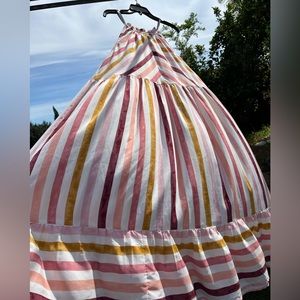 Striped Tiered Halter Summer Dress in Pink, White & Gold